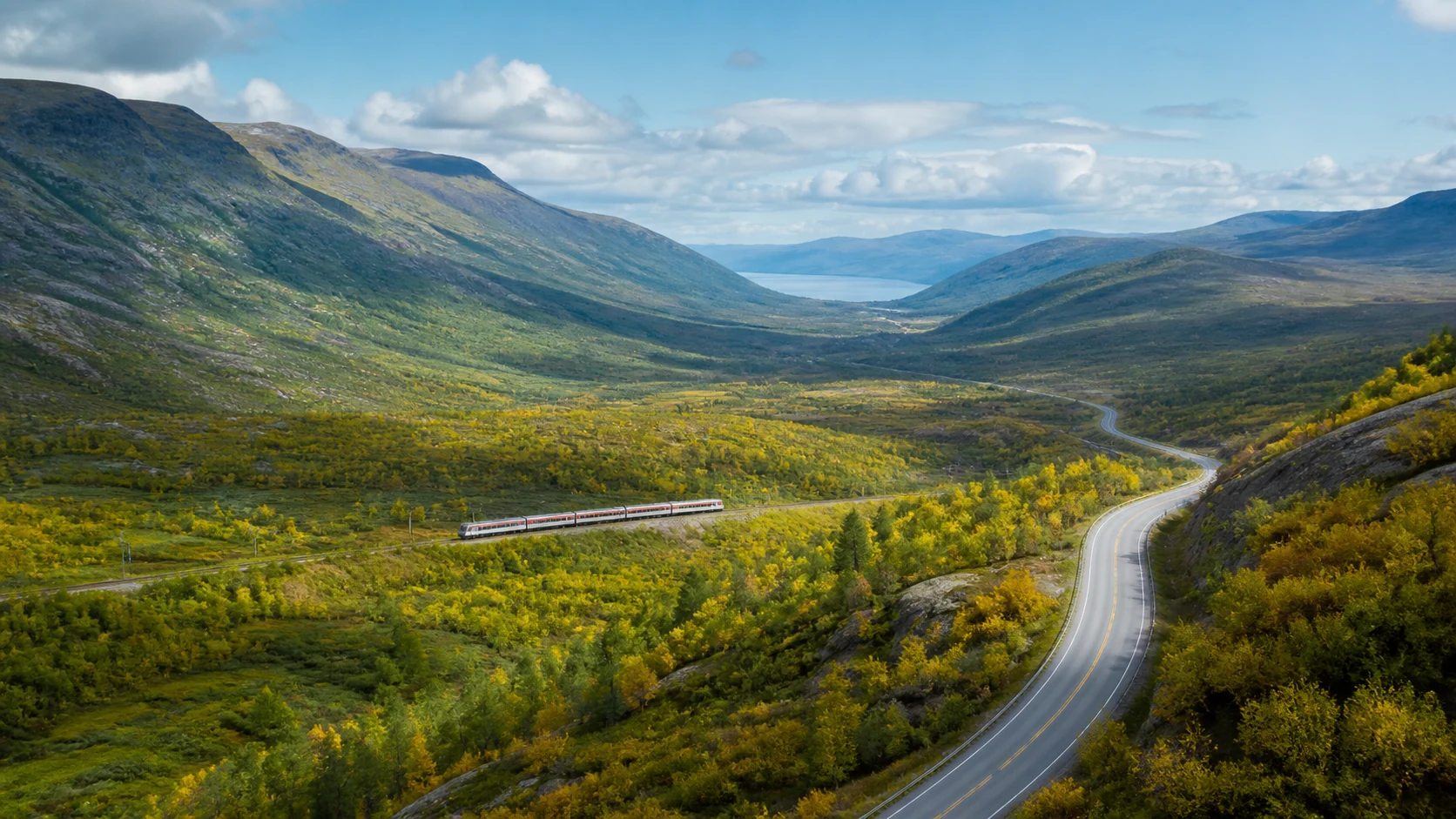 Väg och tåg genom en nordisk bergsdal
